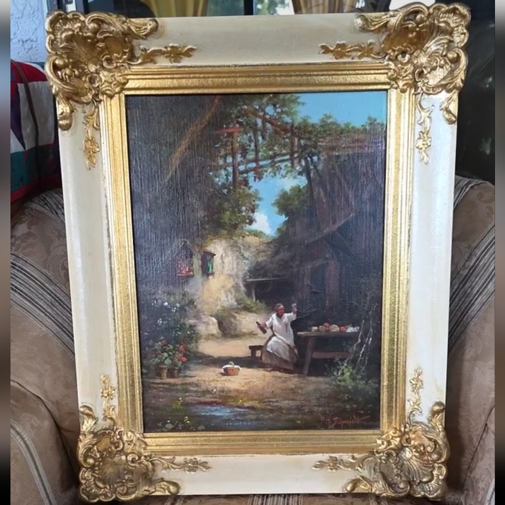 21"" GENUINE 1800s Oil On Canvas Painting  19thC Romantic Antique Art Gilt Frame